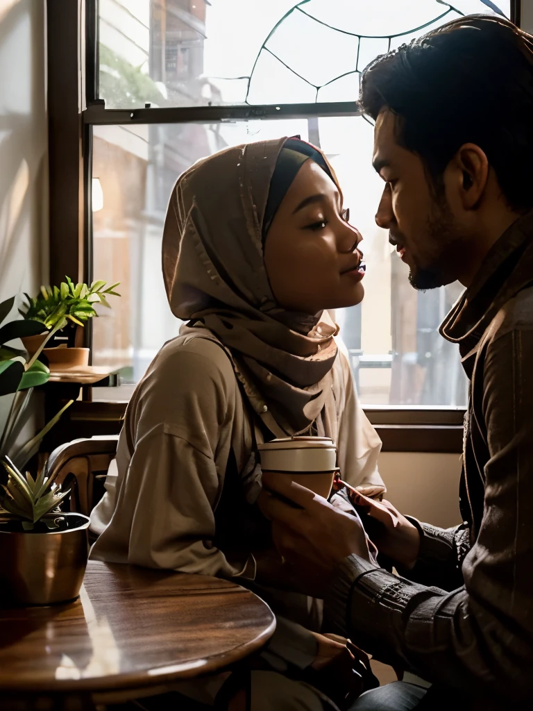 A most beautiful 3D illustration featuring a very realistic muslimah Malay girl and malay man. Looking at each other, sitting on an cozy house chair in front of a window. Besides table. Hot coffee on table.Wears white cozy casual loose long muslim dress, hijab, red lips. Background image should show case cozy house with cute plants pot, beautiful big window, rainy weather, matching real profile photo, holding hot coffee cup, looking out the window, books on table, ambient lighting very clear view, hyper 8k, romantic situation