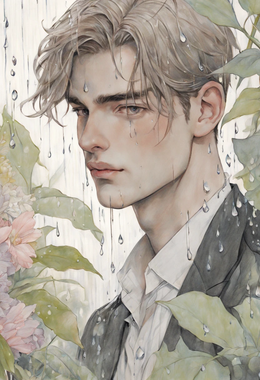 (Handsome young man), atmosphere, Flowers & Leaves, Raindrops, complex light, pastel shades, modern, (((Detail drawing)))