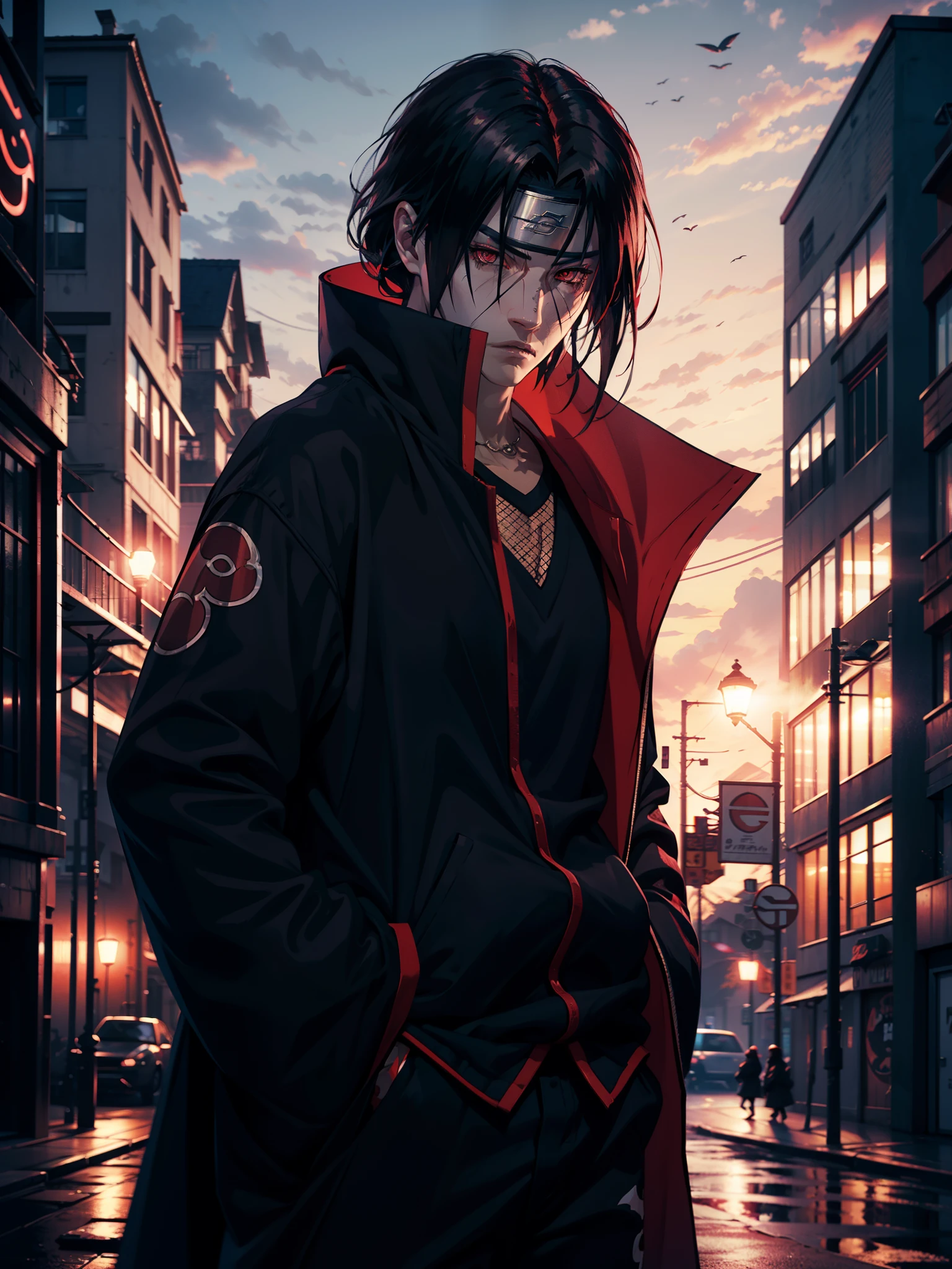 Itachi Uchiha, tilted effects, wearing a coat pant, red detailed eyes, attitude looks, black hairs, best quality, UHD resolution, octane rendered, background blurred 