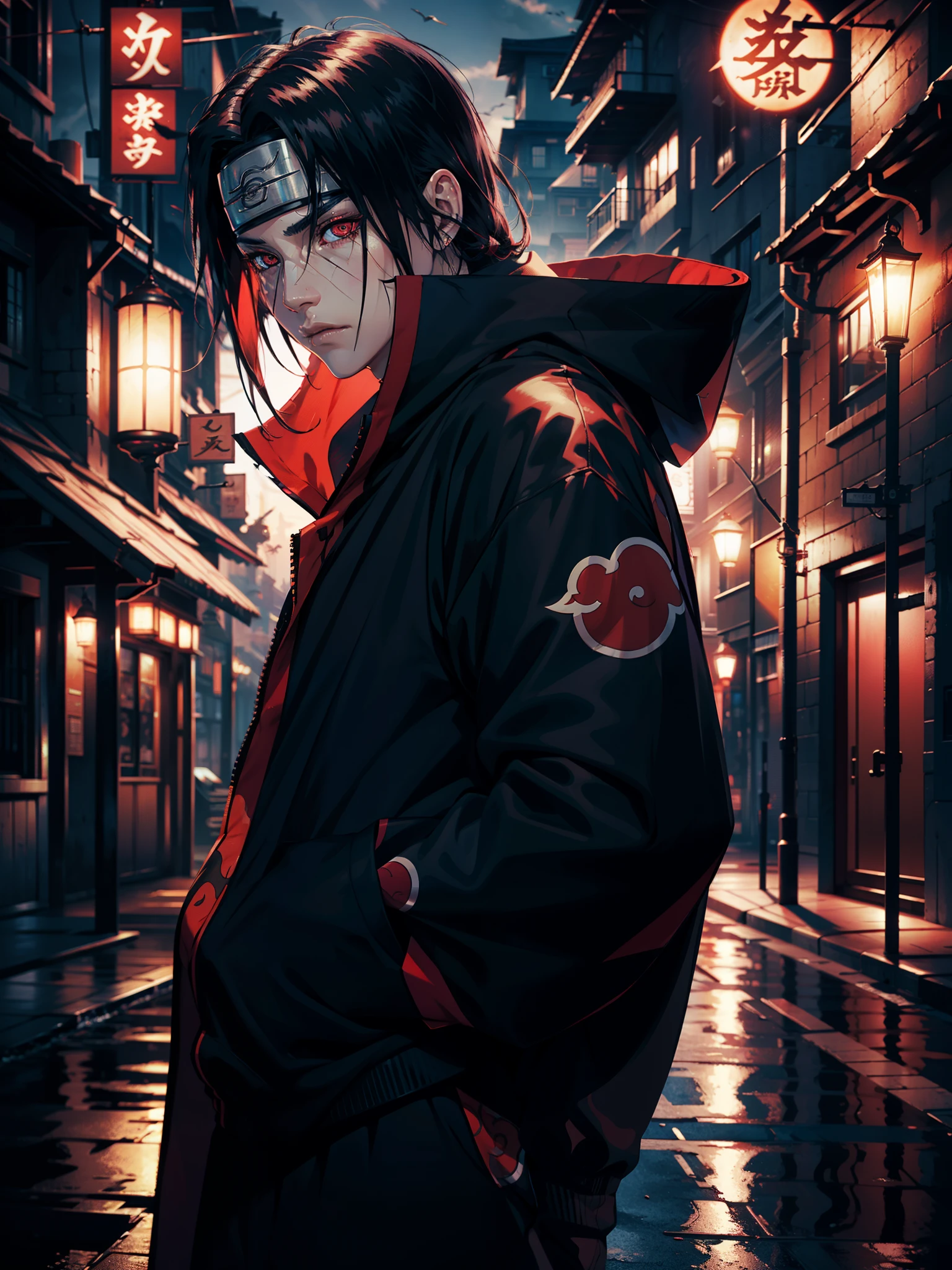 Itachi Uchiha, tilted effects, wearing a coat pant, red detailed eyes, attitude looks, black hairs, best quality, UHD resolution, octane rendered, background blurred