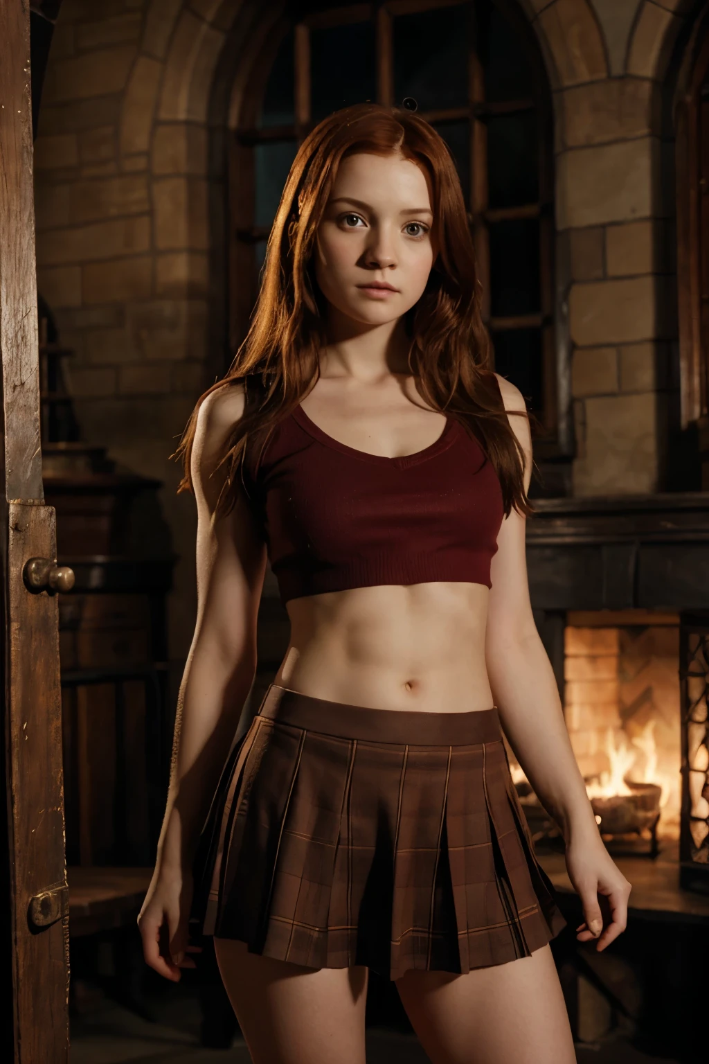 ginny weasley, , nude at hogwarts, open legs, red hair, perfect eyes, beautiful face, smiling, Gryffindor, cape, gryffindor lingerie