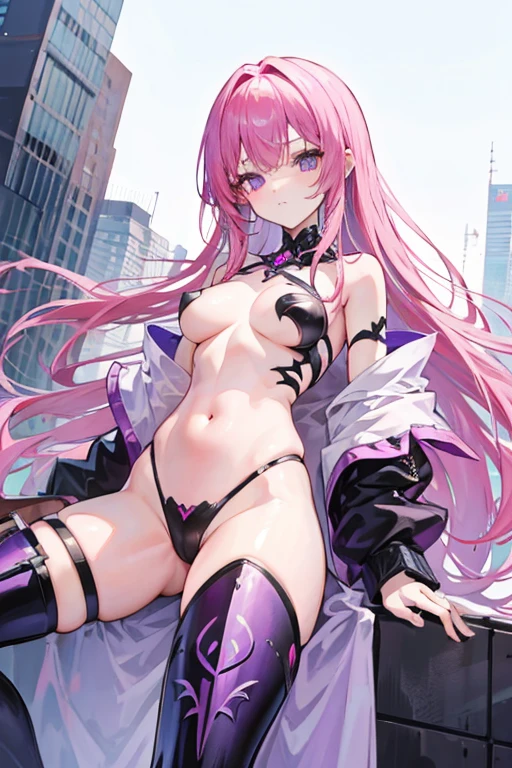 A pink haired woman with violet eyes is posing in skimpy armor. 