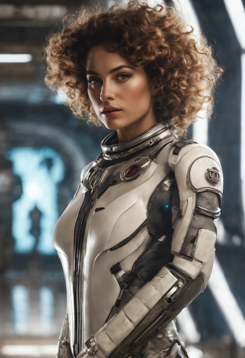 Uma mulher morena clara, dressed in a space suit,  com olhos grandes, boca rosa ,medium curly chanel hair , 4k, detalhes intrincados, meticulous attention to detail,. Ela esta atravessa no meio de ciborgs com olhar penetrante. premiado, 8k, crisp quality, hiperrealista, artesanato requintado, HDR, obra de arte, Luscious, Hipnotizante, sonhadores, atraente, irresistible, fascinante, glorioso, divino, bonito, Excelente, maravilhoso, muito bonitinho, adorable, elegante