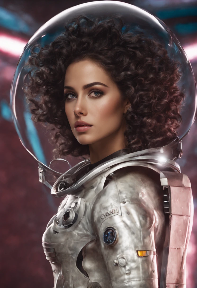Uma jovem loira sexy com cabelo curto e roupas quentes senta-se em um assento em uma nave espacial e a janela pode mostrar belas estrelas, linda e perfeita