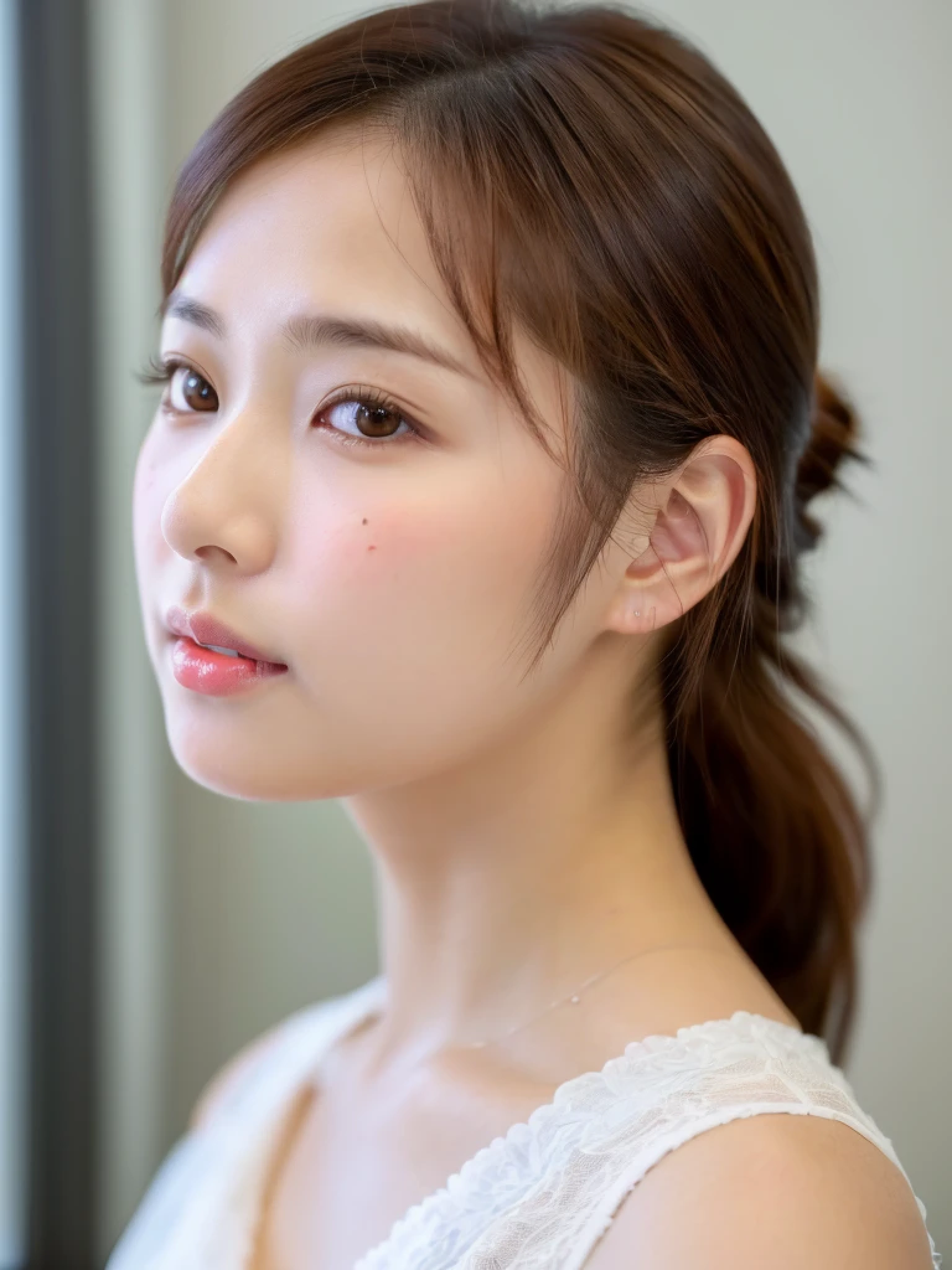 ((cute日本の女の子、beautiful japanese girl、1 girl、clear、19 years old、ponytail、Highly detailed face and skin texture、refinement、super detailed face、highly detailed eyes、Lee Hong、blush、cheek、ピンクのcheekを塗ったcheek、close-up of woman、 from the neck up、 Close to the camera、 positive face、Forward-facing body、look at the camera、front、cute、smooth white skin、Transparent skin texture、))、(dark brown hair、bangs)、beautiful woman with perfect style：1.4、japanese model、young gravure idol、若いcuteグラビアアイドル、Realistic young gravure idol、refinementされたグラビアアイドル、((highest quality、8K、masterpiece:1.3、１photograph))、(4K、RAWphotograph、highest quality)、(realistic、フォトrealistic:1.37)、Place someone on the other side of the screen、Natural light、