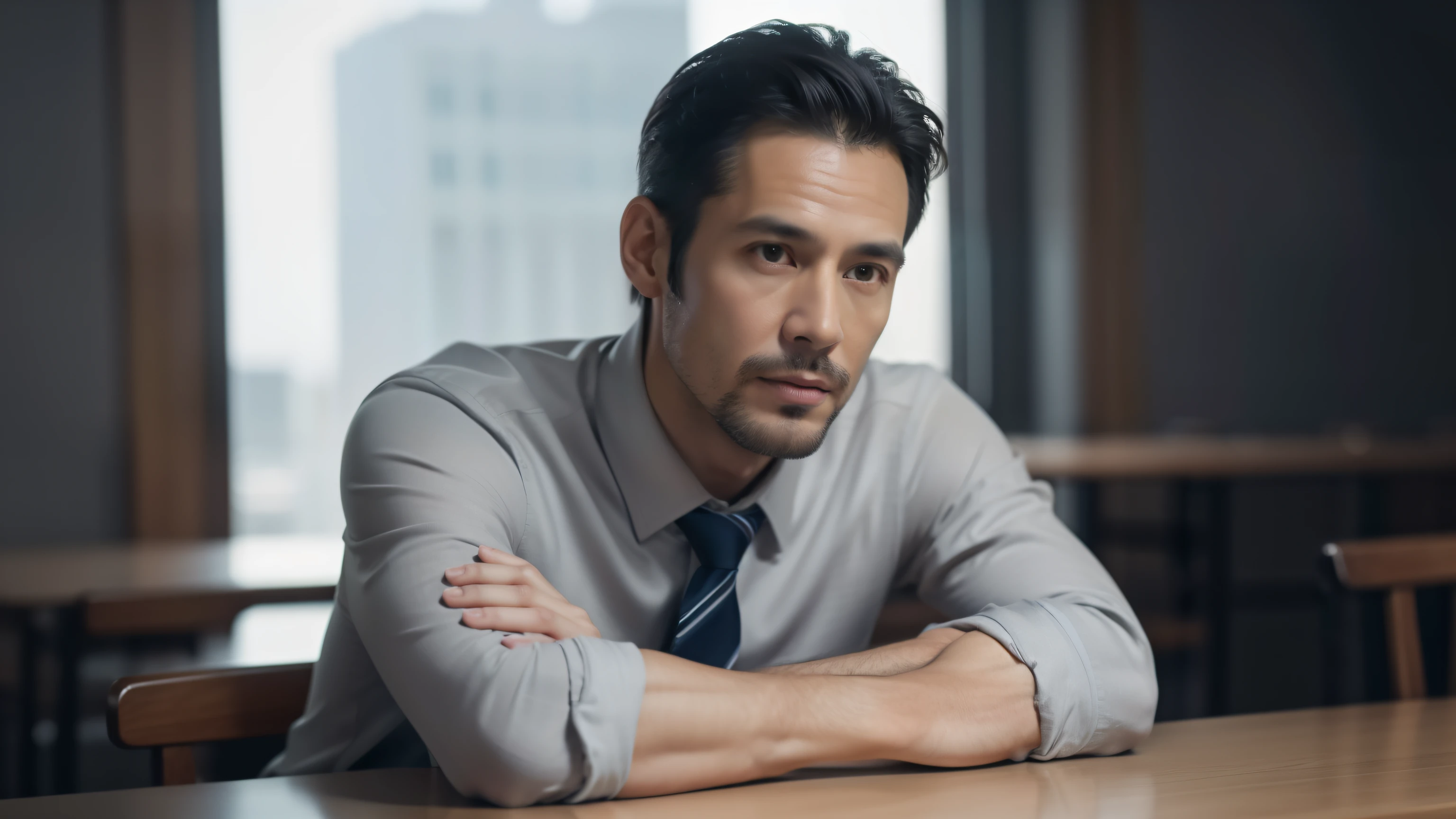 (Extremely detailed CG Unity 8K wallpaper,on the table, best quality, super detailed), gray background, 40 year old man,live in China, 35-year-old male senior Internet manager, A black-haired one, Narrow facial contours, Thin eyebrows, keen vision, Tall and thin nose, thin lips, fit, Shirts and ties, Impressed