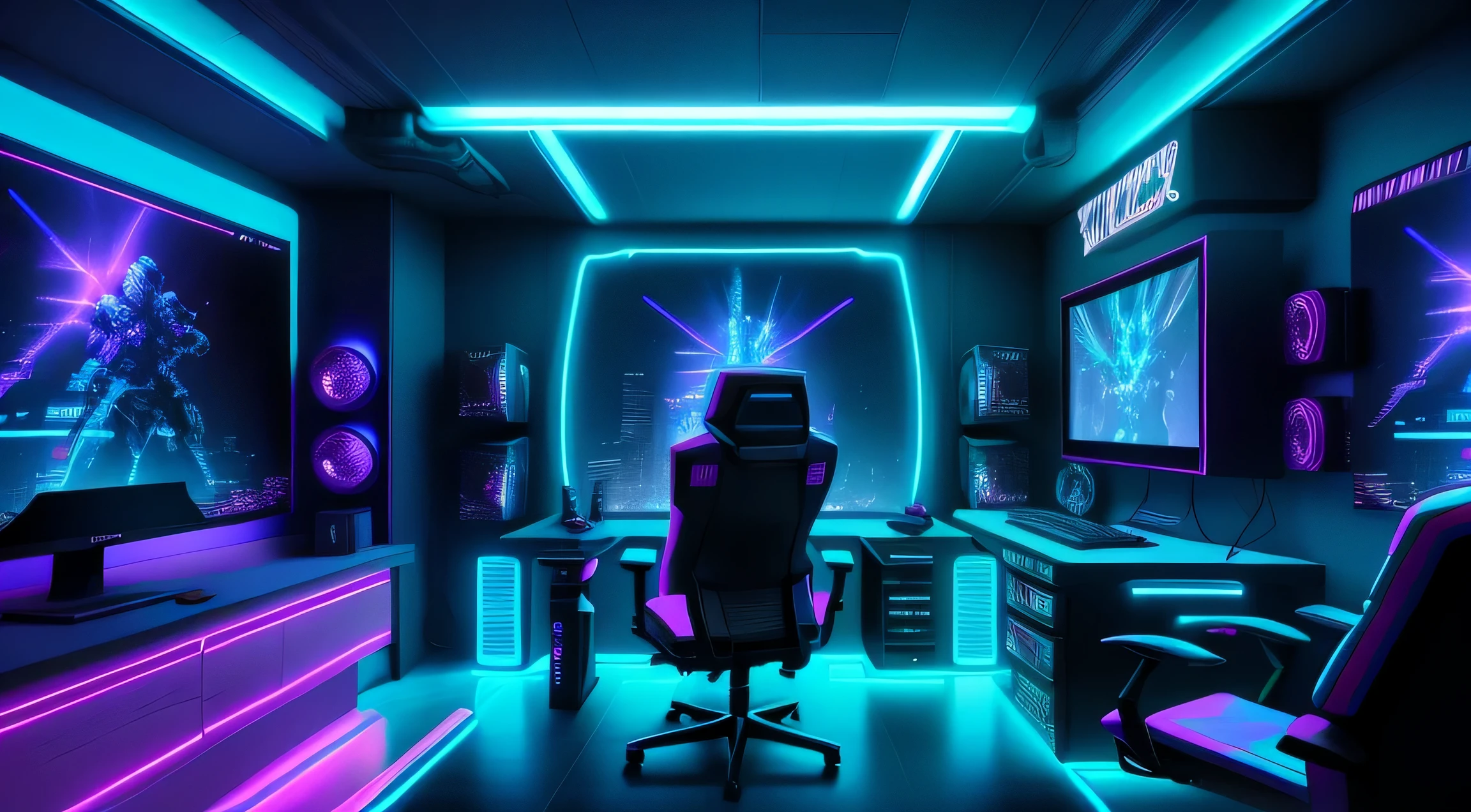 Immerse yourself in a vibrant cyberpunk gaming bedroom, adorned with captivating blue neon lights that bring a futuristic atmosphere to life. Get ready for intense and action-packed gaming scenes as you focus on the large screen positioned on the left.