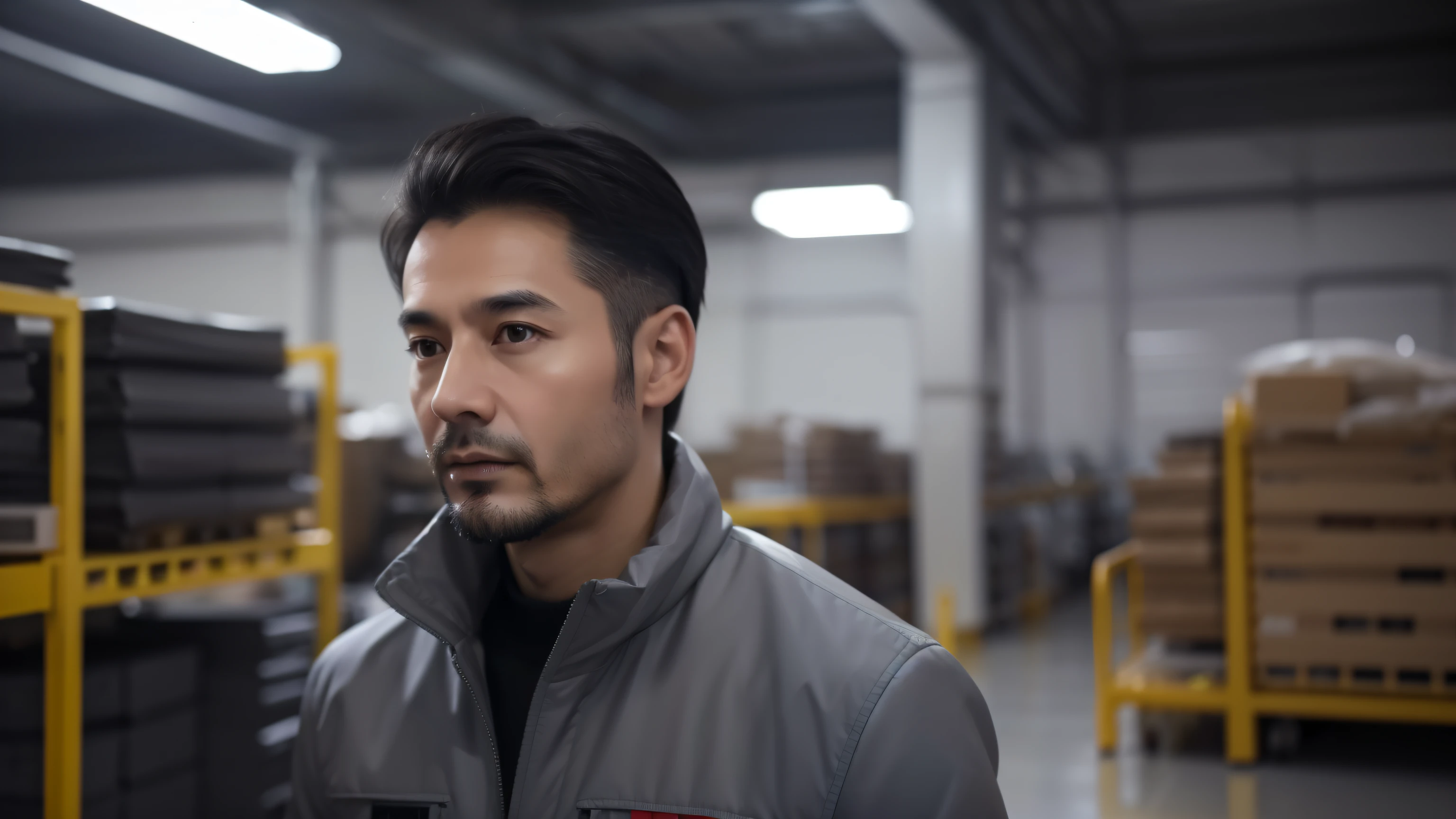 (Extremely detailed CG Unity 8K wallpaper,in a factory, best quality, super detailed), gray background, 40 year old man，live in China, 40 year old man流水线工人, A black-haired one, Narrow facial contours, Thin eyebrows, keen vision, Tall and thin nose, thin lips, fit, One-piece suit, Impressed