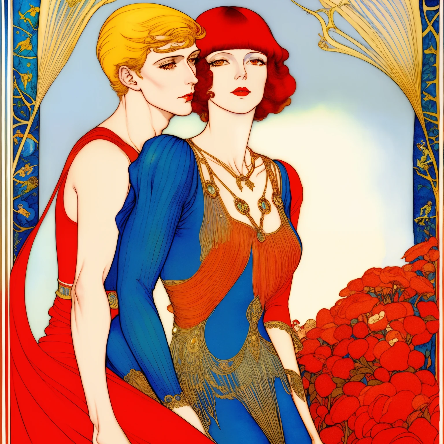 painting of a woman and a man in a red dress are flying, Direction: Gerda Wegener, florence harrison, inspired Direction: Gerda Wegener, arte de harry clarke, inspired Direction: Gustaf Tenggren, Arte Nova ( 1 9 2 2 ), Direction: Gustaf Tenggren, Direction: Dorothy Johnstone, inspirado em Carlos Schwabe, Estilo de Carlos Schwabe