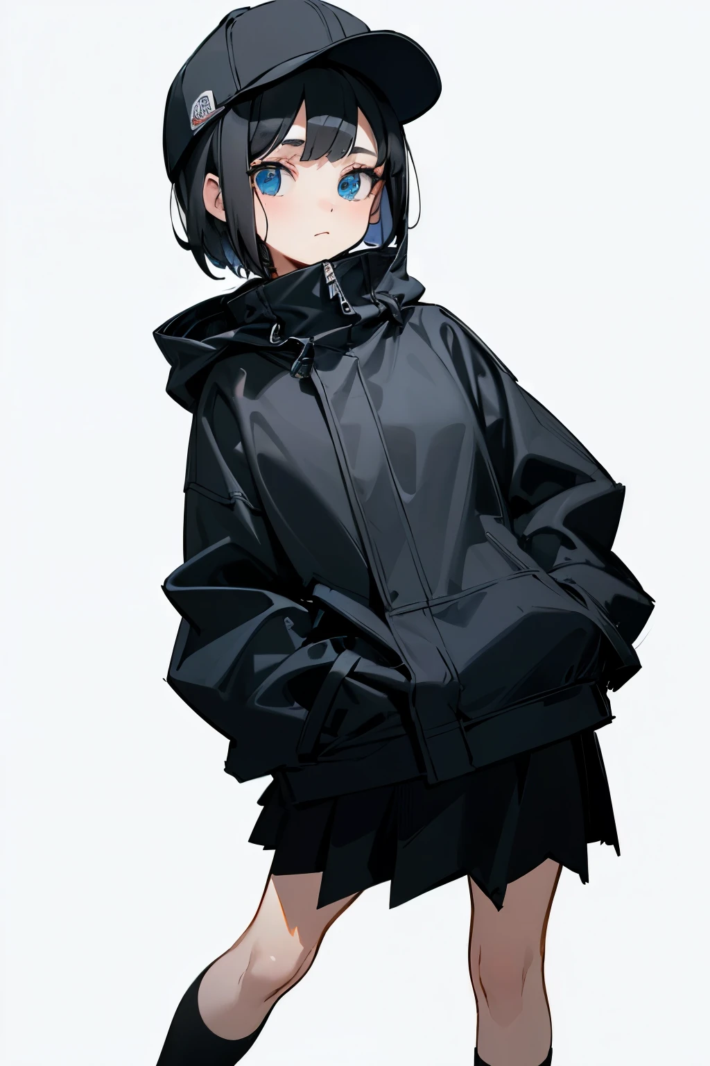 (((masterpiece, illustration, best quality))), 1girl, solo, blue eyes, ((detailed eyes)), looking at viewe, ((short hair)), ((black hair)), standing, ((baseball cap)), white headwear, black jacket, (Closed sweater), ((Scenenary:white background)), black socks, ((black shirt)), perfect body, upper body shot, (closed mouth), loli, ((hands in pockets)), waterproof jacket, skirt white, hooded jacket,