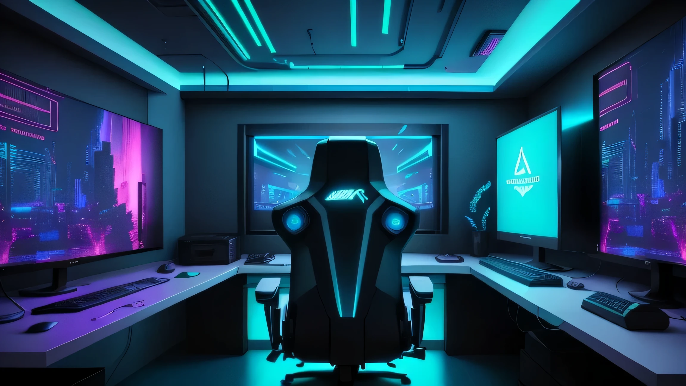 Immerse yourself in a vibrant cyberpunk gaming bedroom, adorned with captivating blue neon lights that bring a futuristic atmosphere to life. Get ready for intense and action-packed gaming scenes as you focus on the large screen positioned on the left.