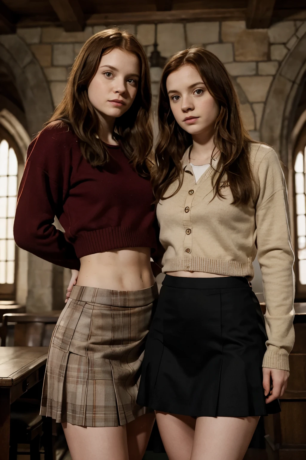 Ginny Weasley & Hermione Granger Howarts, sexy, skirt, abs, sweater