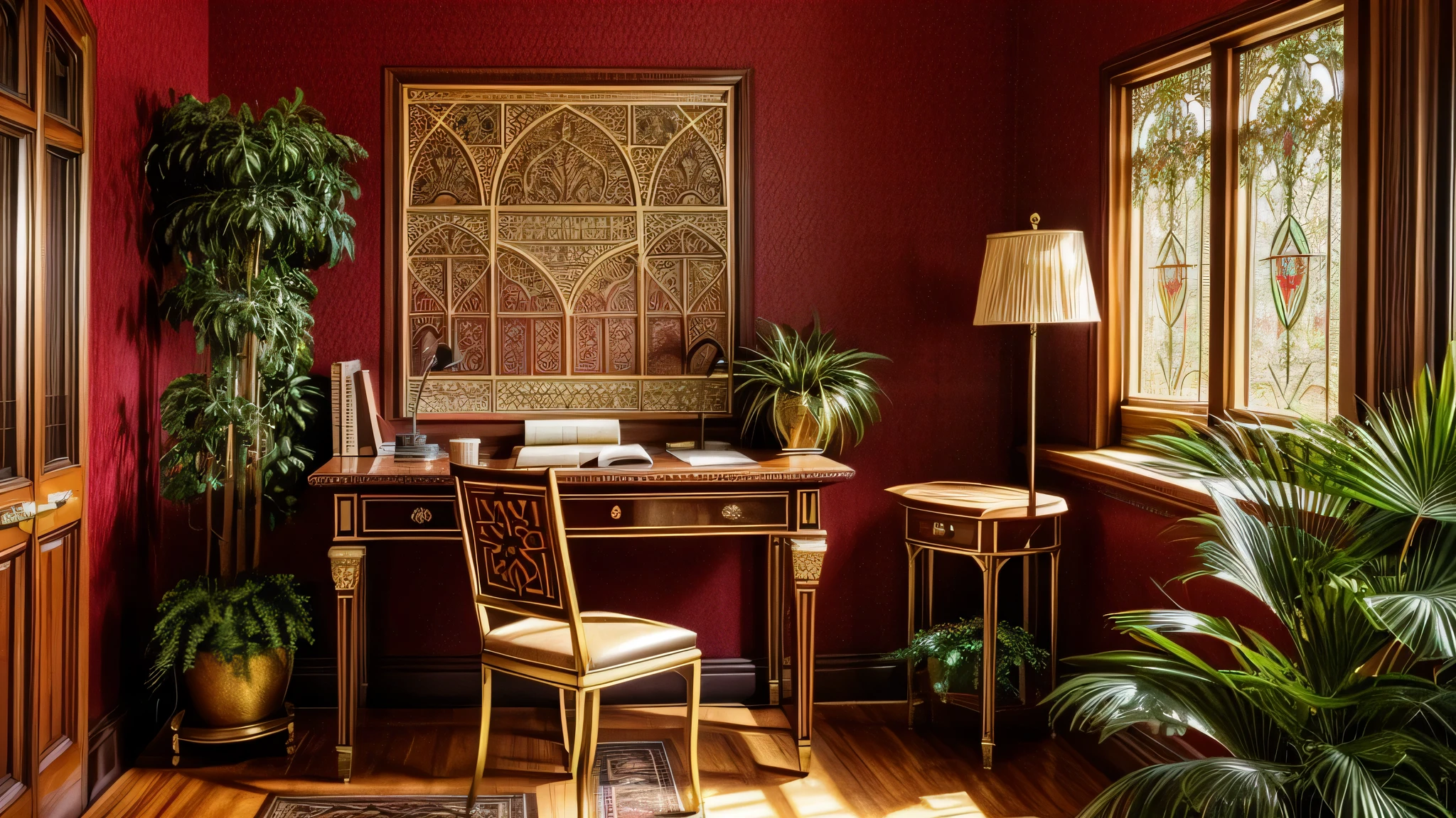 Create an image of a luxurious, Victorian-era study room filled with natural light. The room has tall, arched windows with intricate tracery, allowing a view of a lush green forest outside. The windows are framed by delicate wrought iron elements and the ceiling is adorned with ornate gold decorations and moldings. The study has dark wooden furniture with detailed inlays and gold trim, including a polished desk with a leather inlay, brass desk lamps, and a classic red upholstered chair with ornamental wood carvings. On the desk, there are several vintage books with maroon and brown covers, an antique globe, and writing materials. The floor is a patterned stone tile, casting complex shadows in the sunlight. Potted plants and ivy add a touch of greenery inside, complementing the outdoor view. The atmosphere is serene and scholarly, a blend of opulence and academia. 32K, hyper-realistic cinematic photo.