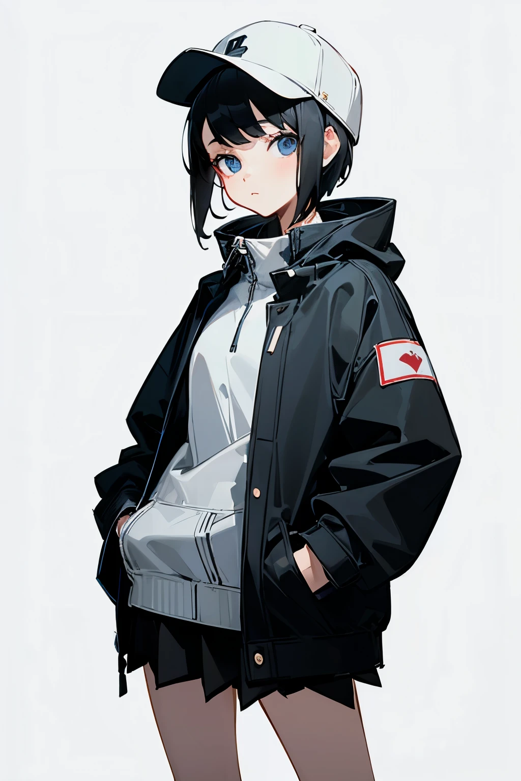 (((masterpiece, illustration, best quality))), 1girl, solo, blue eyes, ((detailed eyes)), looking at viewe, ((short hair)), ((black hair)), standing, ((baseball cap)), white headwear, black jacket, (Closed sweater), ((Scenenary:white background)), black socks, ((black shirt)), perfect body, upper body shot, (closed mouth), loli, ((hands in pockets)), waterproof jacket, skirt white, hooded jacket, 