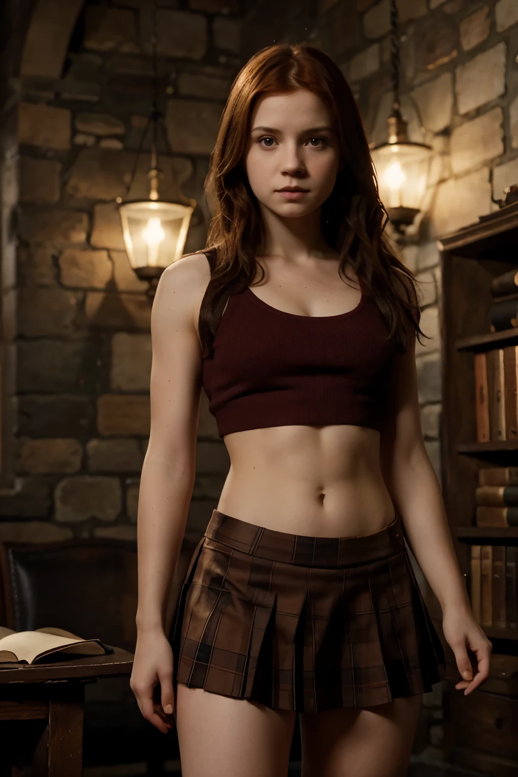 Emma Watson as Hermione Granger, very cute, highly detailed face, highly detailed brown eyes, medium breasts, athletic physique, highly detailed toned abs, highly detailed muscular legs, highly detailed hands, wearing wizard robes, in Hogswarts School