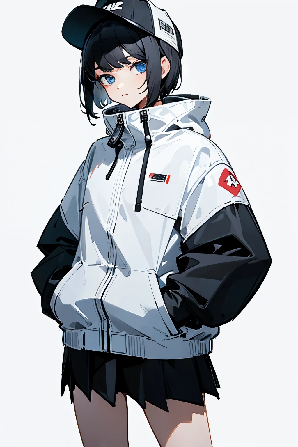 (((masterpiece, illustration, best quality))), 1girl, solo, blue eyes, ((detailed eyes)), looking at viewe, ((short hair)), ((black hair)), standing, ((baseball cap)), white headwear, black jacket, (Closed sweater), ((Scenenary:white background)), black socks, ((black shirt)), perfect body, upper body shot, (closed mouth), li, ((hands in pockets)), waterproof jacket, skirt white, hooded jacket, 