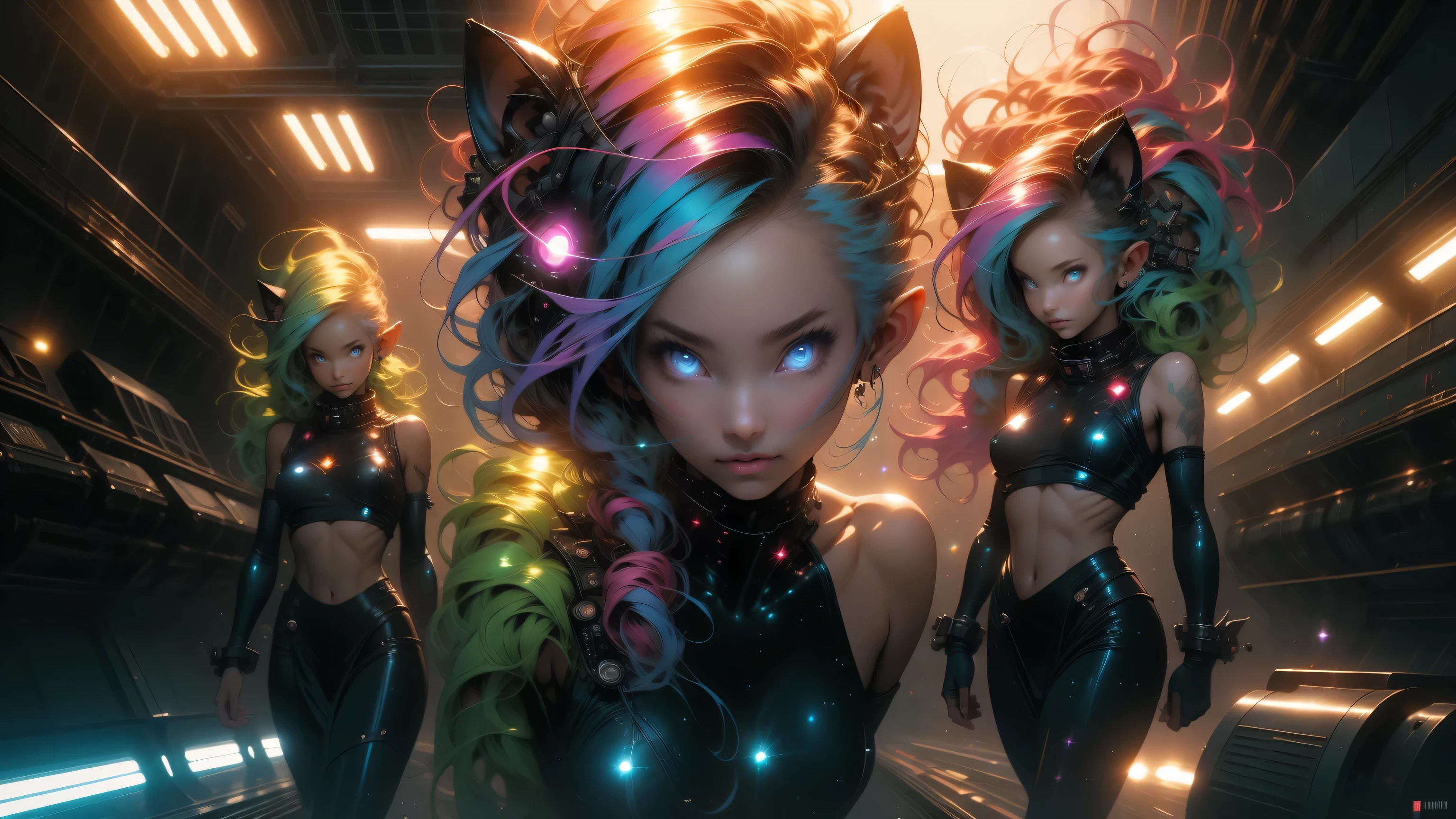 3 beautiful girl elf, crazy color hair, cat ears, naked, nude, no clothes, space station, space theme, cute face, glowing eyes, slim, extreme abs, closeup, full body, high heels, cute