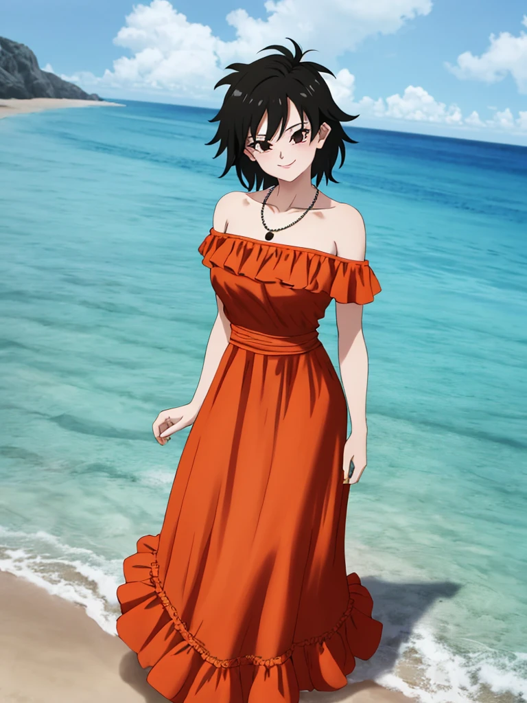 Gine as a flamenco dancer, masterpiece, best quality, ultra detailed, 8k, 4k, half body, cowboy shot, Gine, 1 girl, solo, smile, looking at viewer, full body, black hair, short hair, hand on hip, bare shoulder, bare arms, medium breast, necklace, seductive, strapless, a flamenco dress, orange ruffle off the shoulder attire, orange off the shoulder top, black maxi dress, beach, ocean, sunny day.