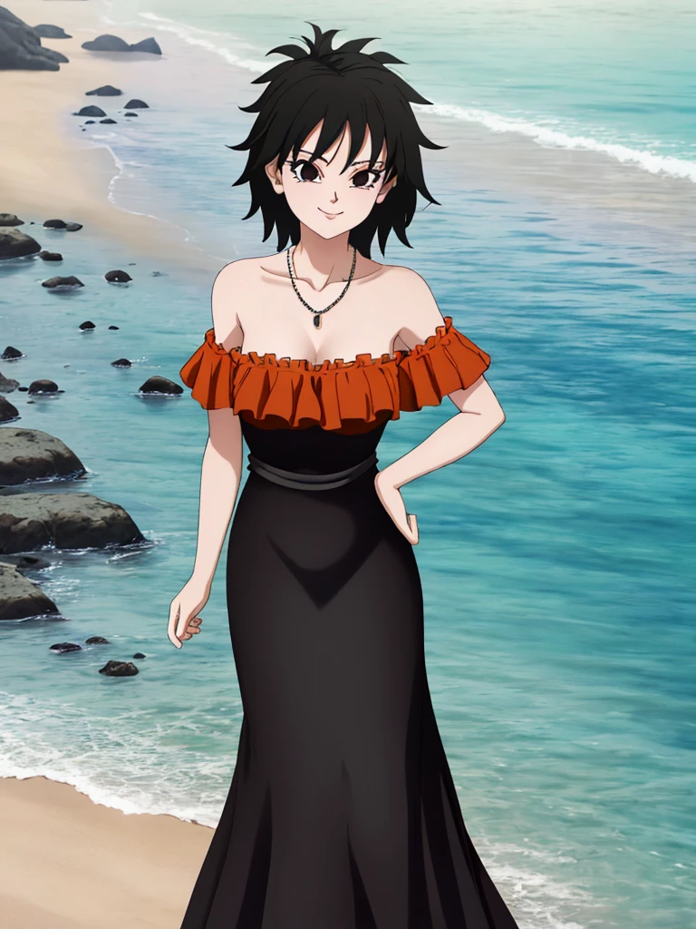 Gine as a flamenco dancer, masterpiece, best quality, ultra detailed, 8k, 4k, half body, cowboy shot, Gine, 1 girl, solo, smile, looking at viewer, full body, black hair, short hair, hand on hip, bare shoulder, bare arms, medium breast, necklace, seductive, strapless, a flamenco dress, orange ruffle off the shoulder attire, orange off the shoulder top, black maxi dress, beach, ocean, sunny day.