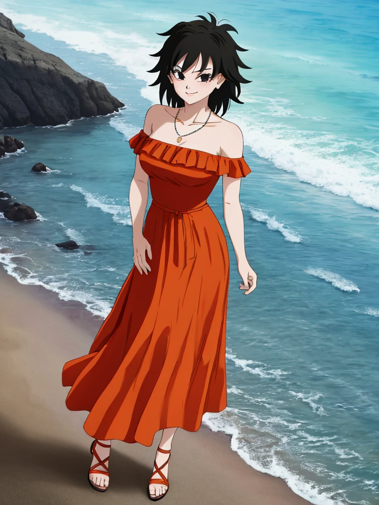 Gine as a flamenco dancer, masterpiece, best quality, ultra detailed, 8k, 4k, half body, cowboy shot, Gine, 1 girl, solo, smile, looking at viewer, full body, black hair, short hair, hand on hip, bare shoulder, bare arms, medium breast, necklace, seductive, strapless, a flamenco dress, orange ruffle off the shoulder attire, orange off the shoulder top, black maxi dress, beach, ocean, sunny day.