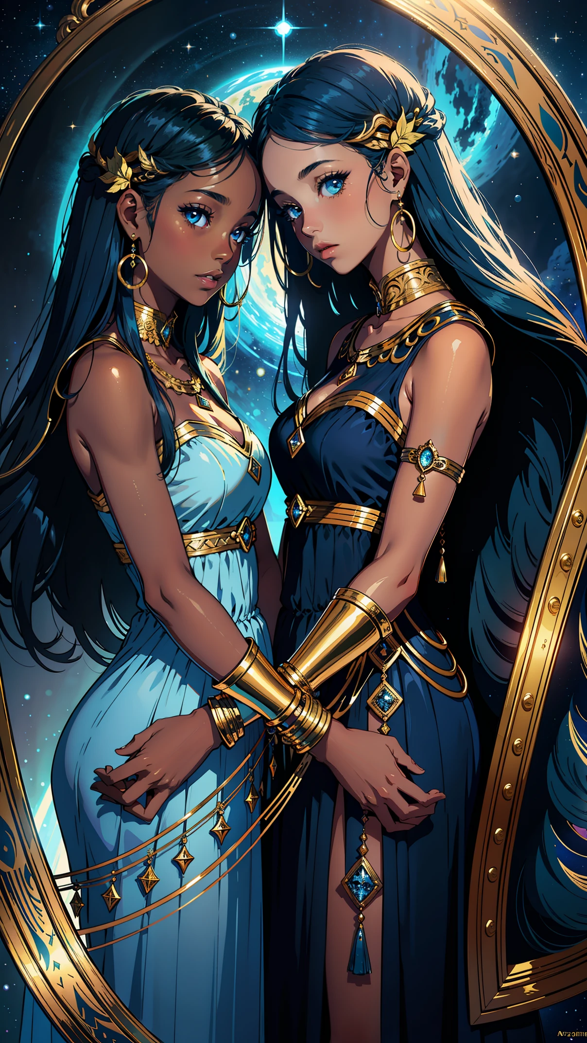 adesivo, fundo simples, portrait, 2 girls with dark skin, identical twin sisters with long hair, beautiful zodiac girl, zodiac aesthetic, sheer dresses, Gemini beautiful girl, very beautiful fantasy art, beautiful and elegant female celestial, beautiful detailed fantasy, gemini sign, gold and blue color palate, blue color-theme