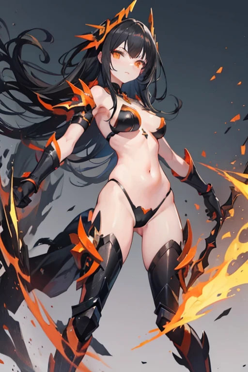 A black haired woman with orange eyes is posing in bikini armor