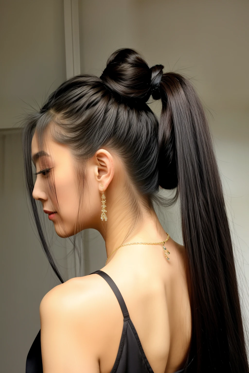 there is Chinese actress Fan Bingbing with long black hair standing that is getting her hair done, ponytail black hair, long black hair in a ponytail, hair tied up in a pony tail, thick shining black hair, hair tied in a ponytail, with straight black hair, black ponytail hair, waist reaching ponytail, hair tied back, black hairs, black silky hair, hair ponytail, hair tied in a cute way