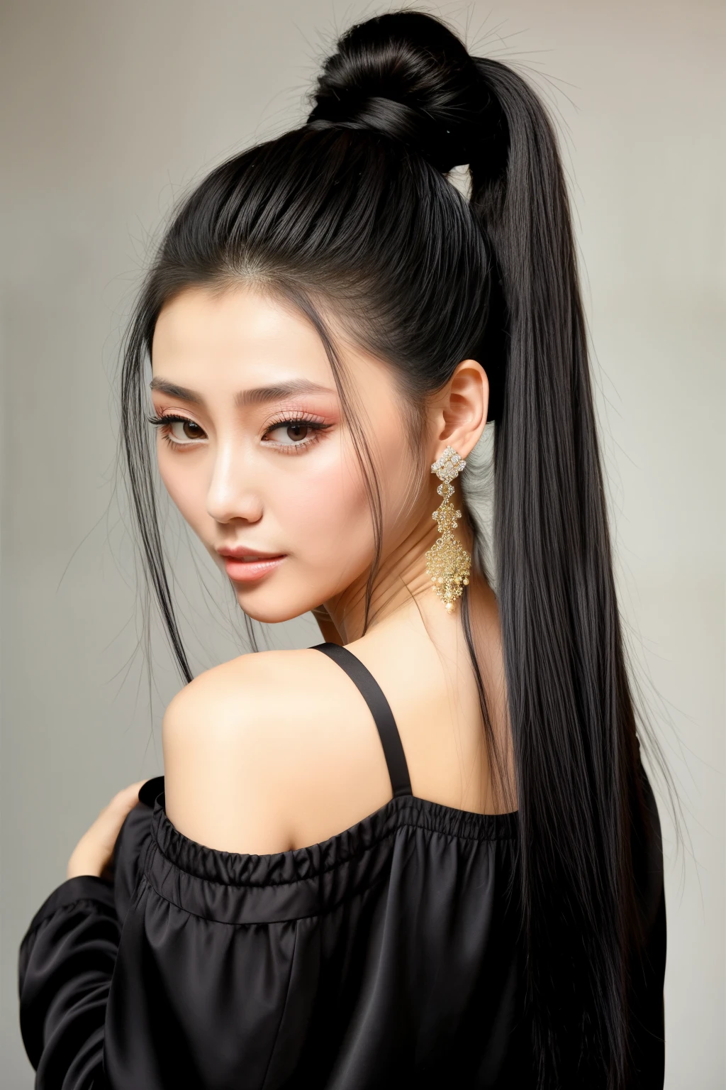 there is Chinese actress Fan Bingbing with long black hair standing that is getting her hair done, ponytail black hair, long black hair in a ponytail, hair tied up in a pony tail, thick shining black hair, hair tied in a ponytail, with straight black hair, black ponytail hair, waist reaching ponytail, hair tied back, black hairs, black silky hair, hair ponytail, hair tied in a cute way