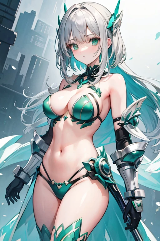 A silver young  haired woman with green eyes is posing in bikini armor