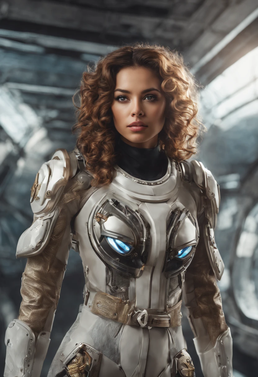 Uma mulher morena clara, dressed in a space suit, com olhos grandes castanho claro , boca rosa ,medium curly chanel hair , 4k, detalhes intrincados, meticulous attention to detail,. Ela esta atravessa no meio de ciborgs com olhar penetrante. premiado, 8k, crisp quality, hiperrealista, mo meio de ciborgs de olhos grandes pretos . She carries a butterfly in her hands, HDR, obra de arte, Luscious, Hipnotizante, sonhadores, atraente, irresistible, fascinante, glorioso, divino, bonito, Excelente, maravilhoso, muito bonitinho, adorable, elegante