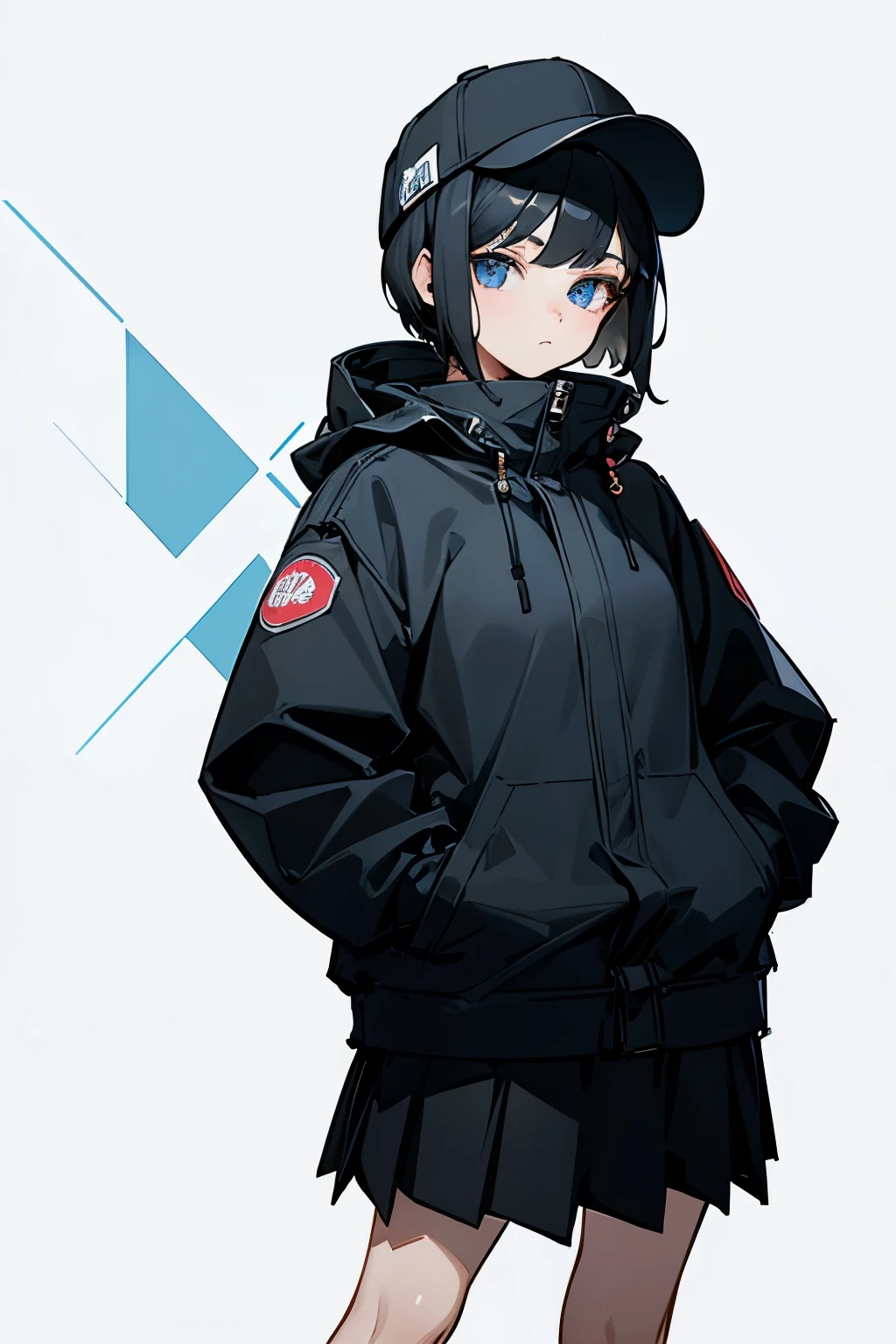 (((masterpiece, illustration, best quality))), 1girl, solo, blue eyes, ((detailed eyes)), looking at viewe, ((short hair)), ((black hair)), standing, ((baseball cap)), white headwear, black jacket, (Closed sweater), ((Scenenary:white background)), black socks, ((black shirt)), perfect body, upper body shot, (closed mouth), ****, ((hands in pockets)), waterproof jacket, skirt white, hooded jacket, 