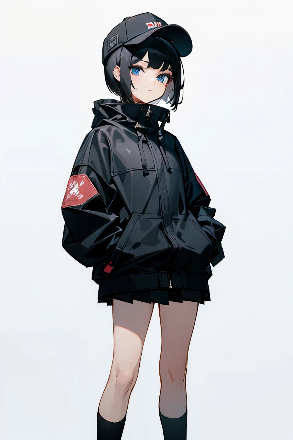 (((masterpiece, illustration, best quality))), 1girl, solo, blue eyes, ((detailed eyes)), looking at viewe, ((short hair)), ((black hair)), standing, ((baseball cap)), white headwear, black jacket, (Closed sweater), ((Scenenary:white background)), black socks, ((black shirt)), perfect body, upper body shot, (closed mouth), ****, ((hands in pockets)), waterproof jacket, skirt white, hooded jacket, 