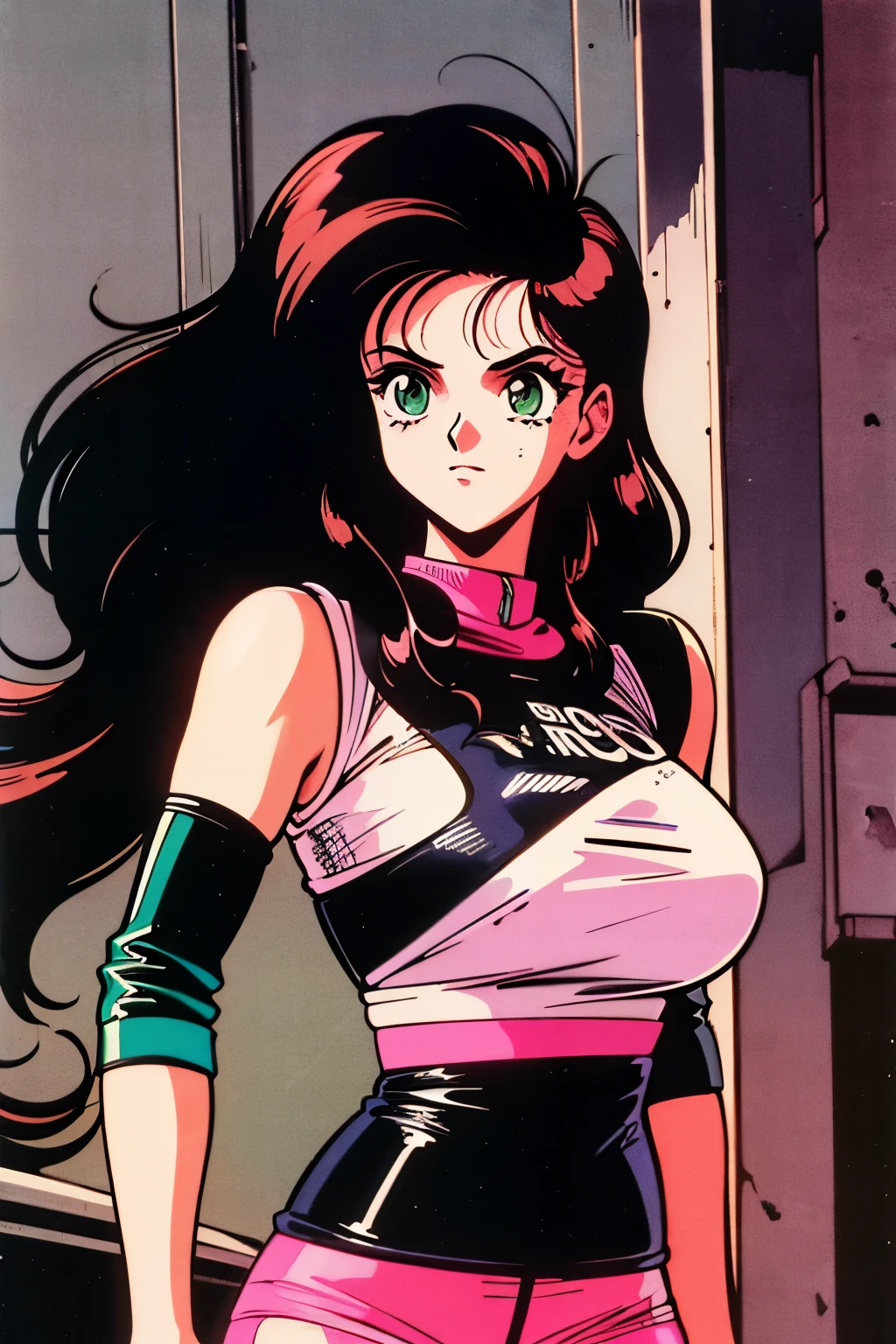 1990s (style), 1980s (style), retro artstyle, a girl, long black hair, green eyes, wavy hair, biker clothes,  cyberpunk, 2077, best quality, masterpiece.
