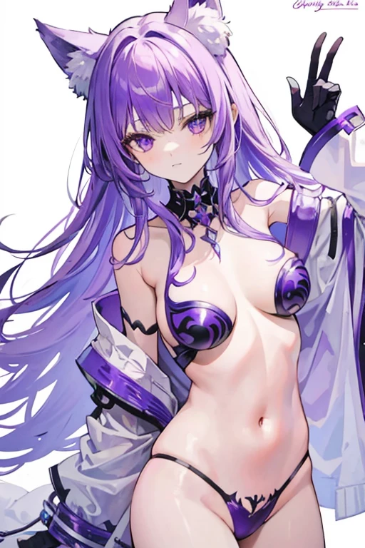 A purple haired woman with purple eyes and white wolf ears and a purple wolf ears is posing in bikini armor