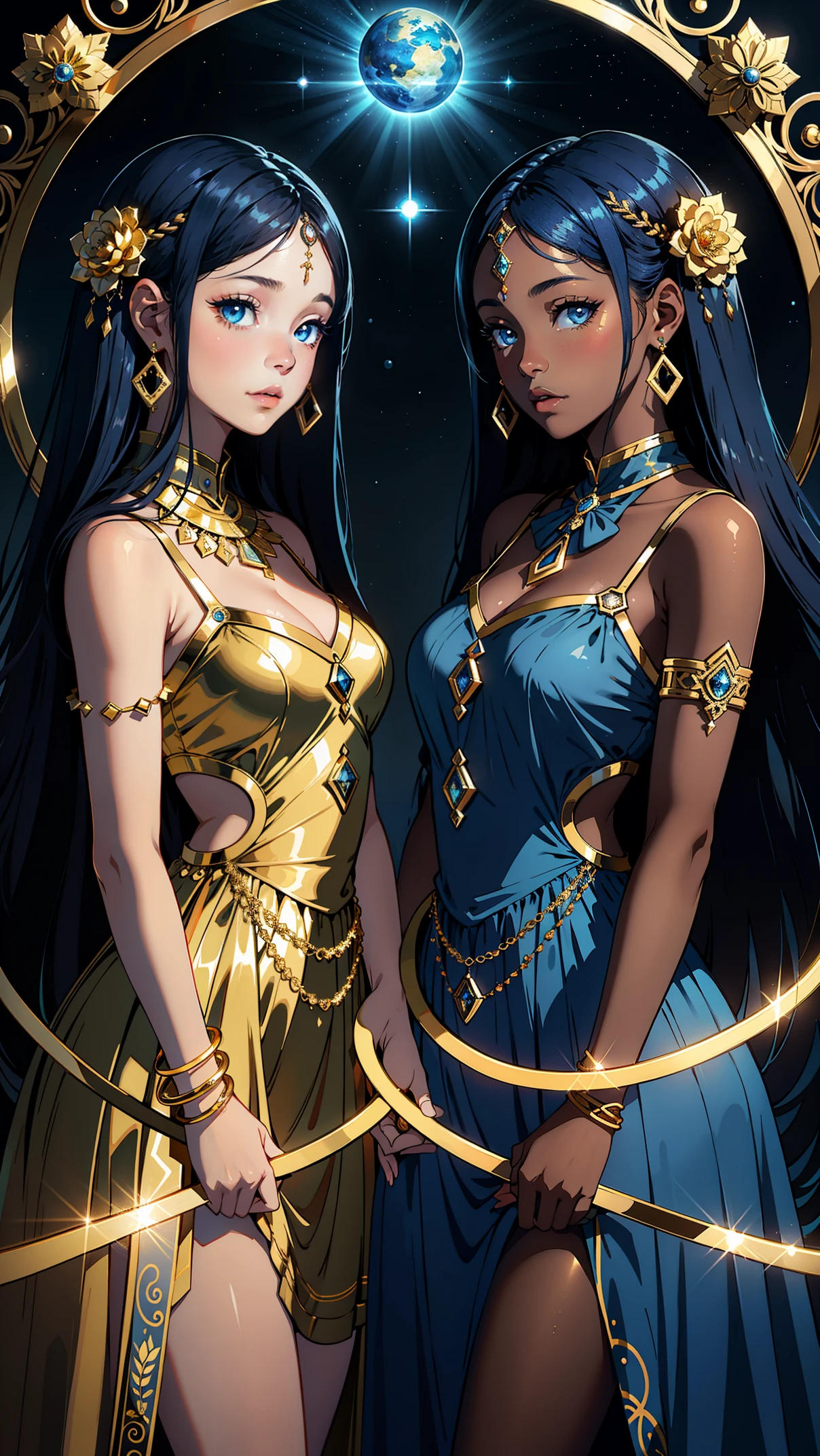 adesivo, fundo simples, portrait, 2 girls with dark skin, identical twin sisters with long hair, beautiful zodiac girl, zodiac aesthetic, sheer dresses, Gemini beautiful girl, very beautiful fantasy art, beautiful and elegant female celestial, beautiful detailed fantasy, gemini sign, gold and blue color palate, blue color-theme