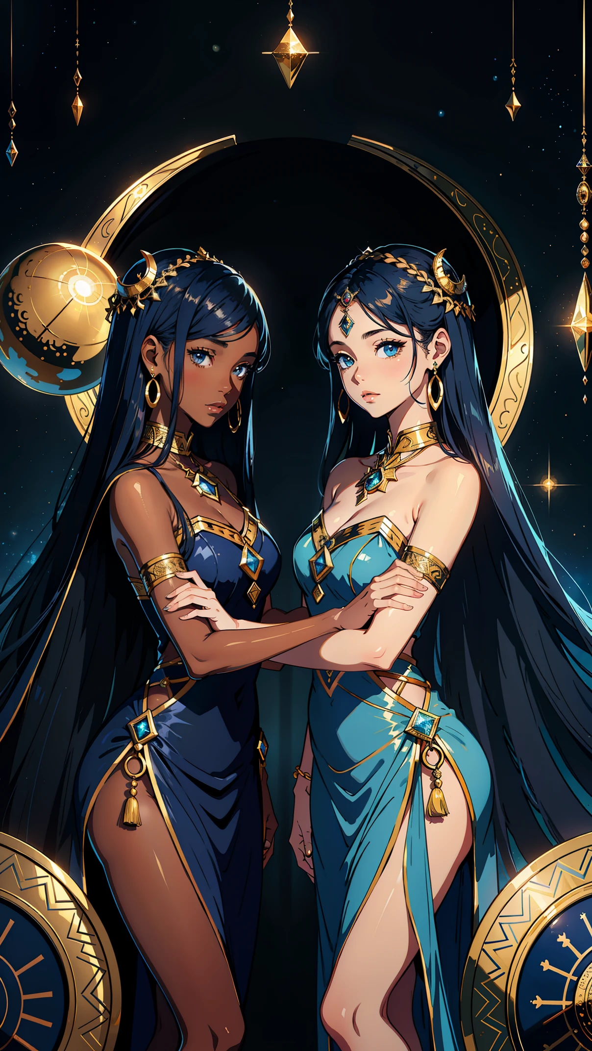 adesivo, fundo simples, portrait, 2 girls with dark skin, identical twin sisters with long hair, beautiful zodiac twins, zodiac aesthetic, sheer dresses, Gemini beautiful girl, very beautiful fantasy art, beautiful and elegant female celestial, beautiful detailed fantasy, gemini sign, gold and blue color palate, blue color-theme