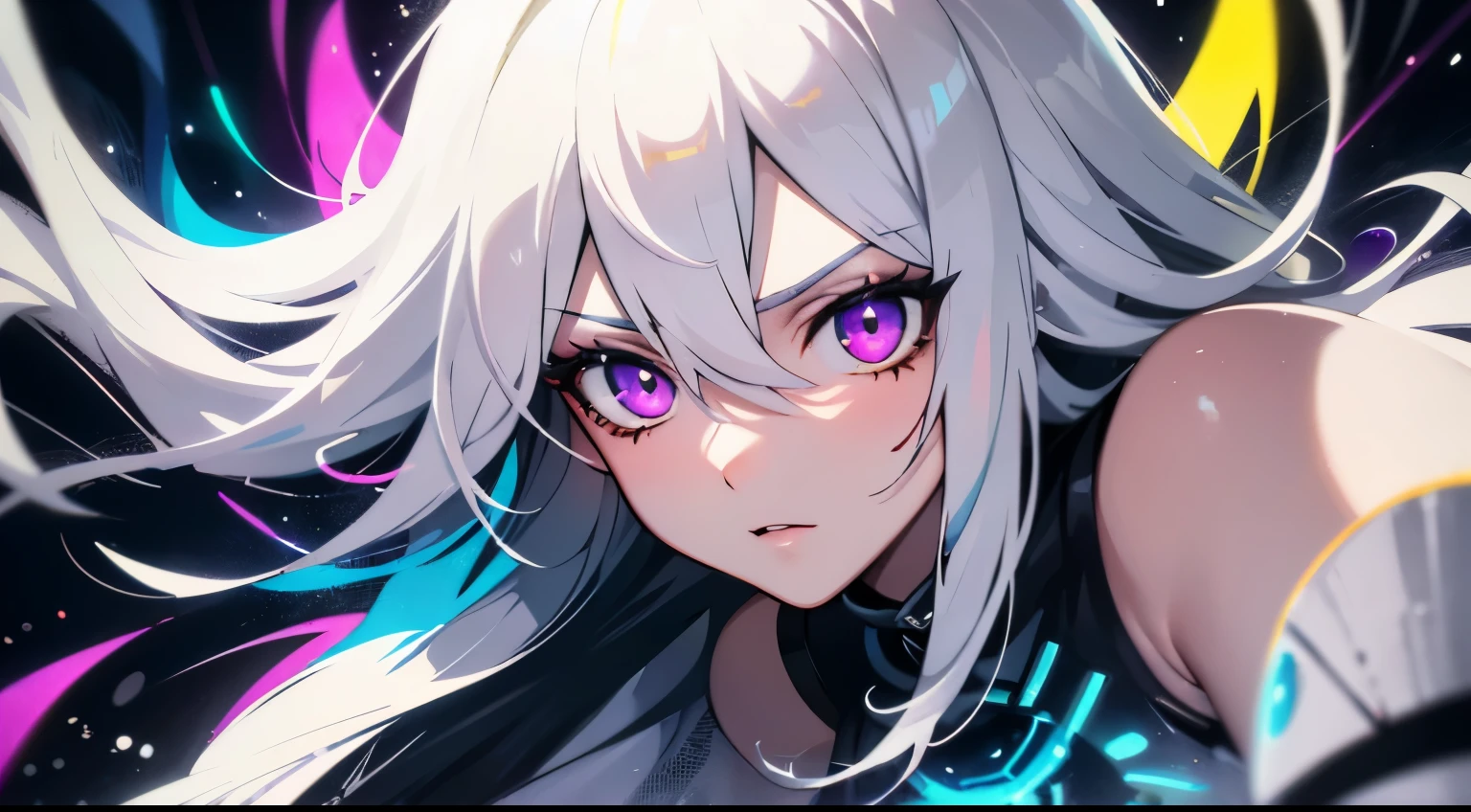 (masterpiece, best quality, ultra-detailed, best shadow), (detailed background,dark fantasy), (beautiful detailed face), high contrast, (best illumination, an extremely delicate and beautiful), ((cinematic light)), colorful, hyper detail, dramatic light, intricate details, (1girl, solo,white hair, sharp face,purple eyes, hair between eyes,dynamic angle), blood splatter, swirling black light around the character, depth of field,black light particleroken ggic circle, full body portrait