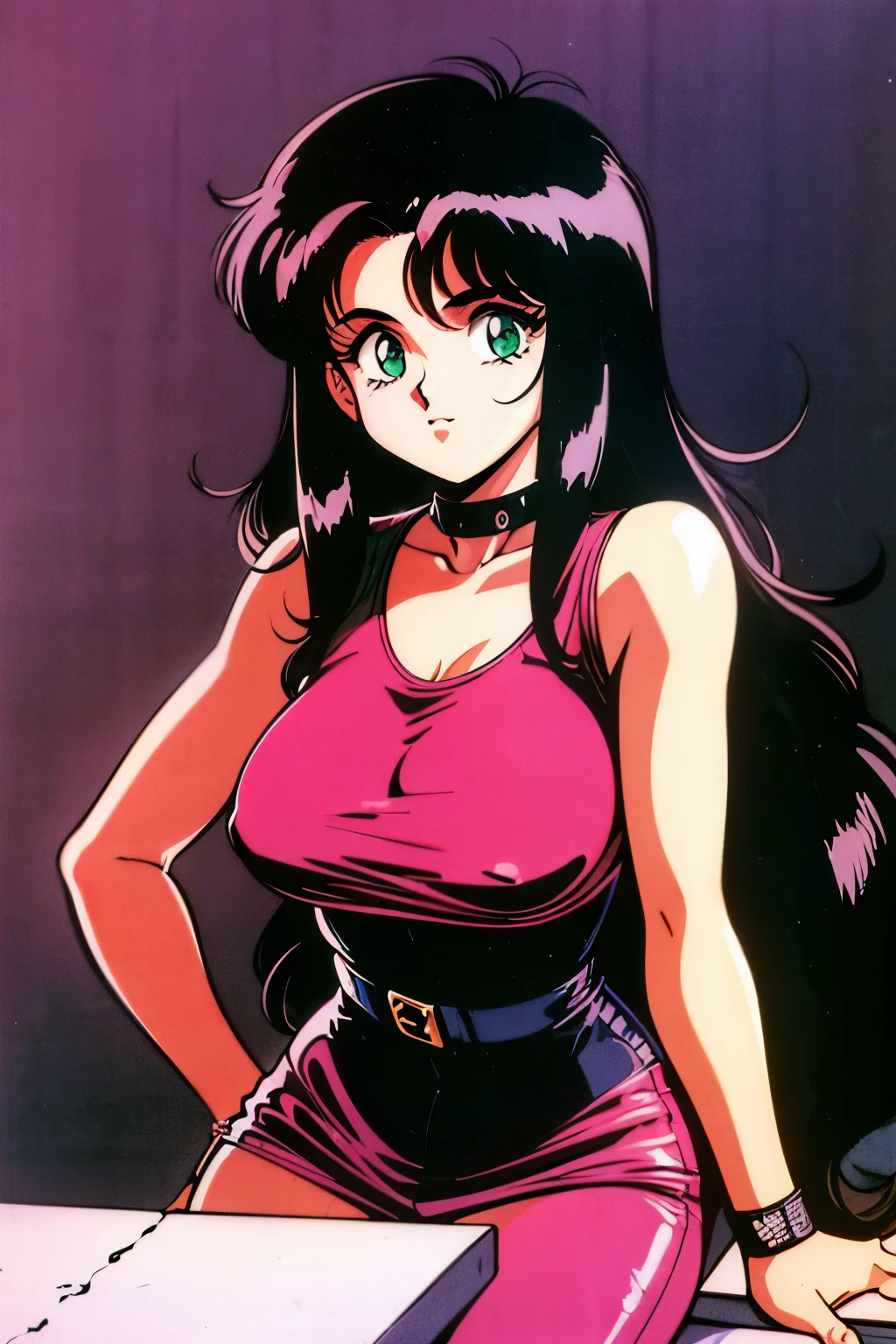 1990s (style), 1980s (style), retro artstyle, a girl, long black hair, green eyes, wavy hair, biker clothes,  cyberpunk, 2077, best quality, masterpiece.