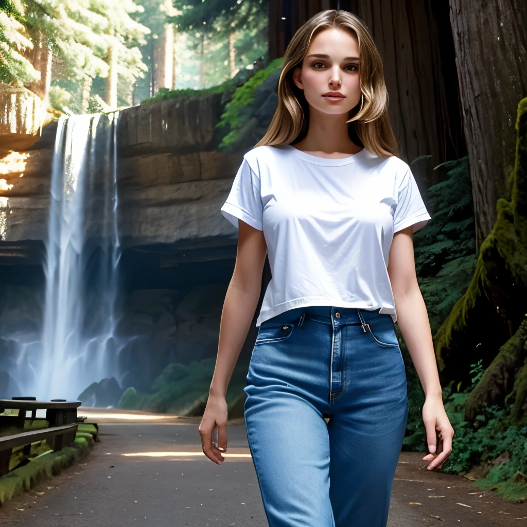 Natalie Portman aged 20, medium cowboy shot, (tall:1.2), (long hair:1.2), strolling, pine trees, deciduous trees, [path:1.5], (waterfall:0.9), (rocks:0.9), sunlight, tucked-in plain white t-shirt, jeans, (colossal gigantic breasts:1.2)