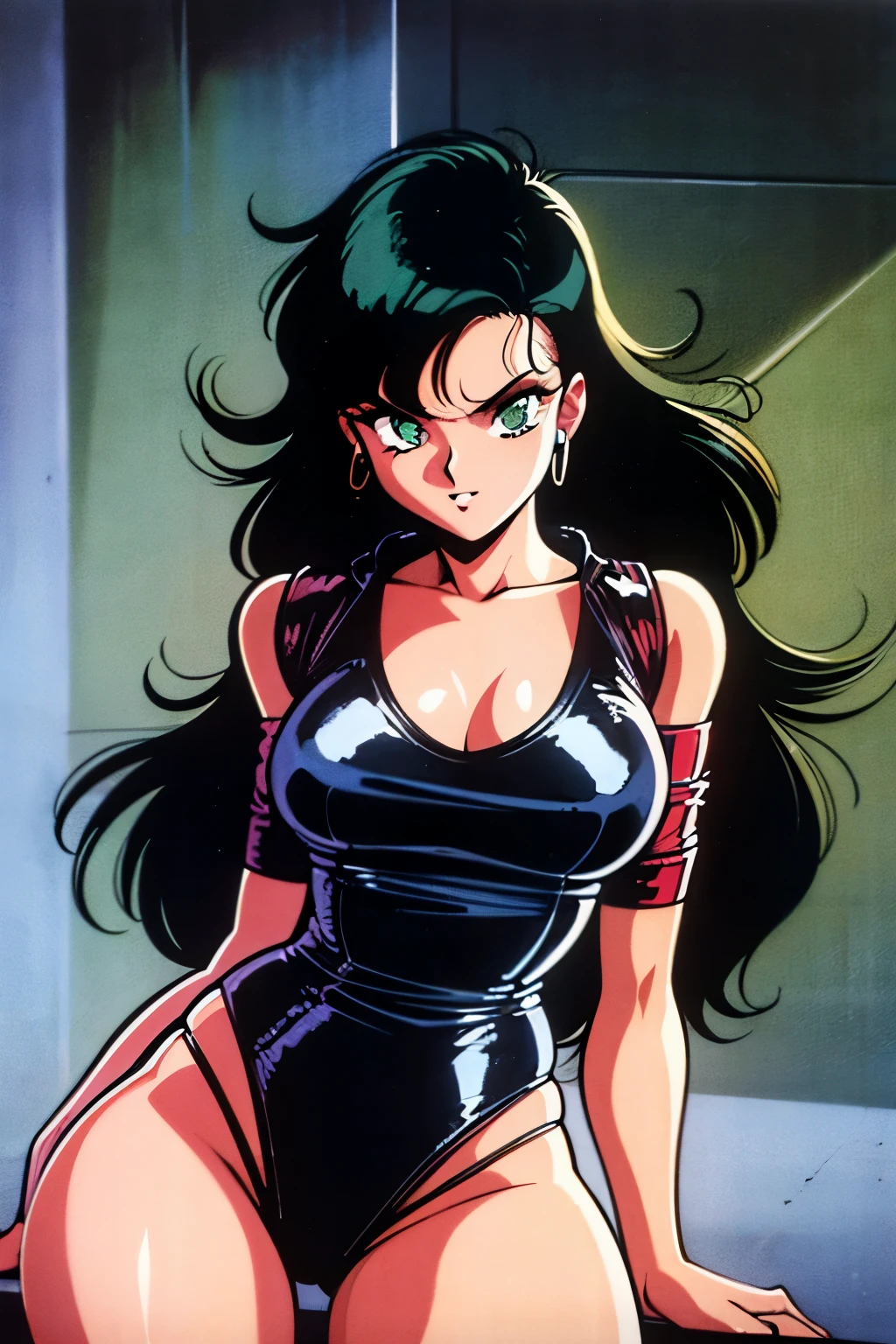 1990s (style), 1980s (style), retro artstyle, a girl, long black hair, green eyes, wavy hair, biker clothes, cyberpunk, 2077, best quality, masterpiece.