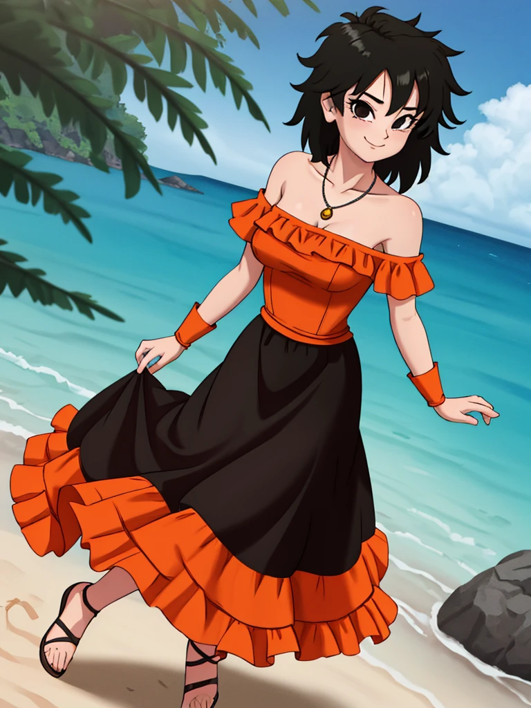 Gine as a flamenco dancer, masterpiece, best quality, ultra detailed, 8k, 4k, half body, cowboy shot, Gine, 1 girl, solo, smile, looking at viewer, full body, black hair, short hair, hand on hip, bare shoulder, bare arms, medium breast, necklace, seductive, strapless, a flamenco dress, orange ruffle off the shoulder lace, orange off the shoulder top, black maxi dress, beach, ocean, sunny day.