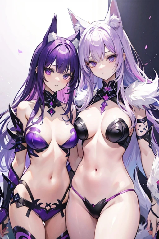 A purple haired woman with purple eyes and white wolf ears and a purple wolf ears is posing in bikini armor with a pink haired woman with violet eyes