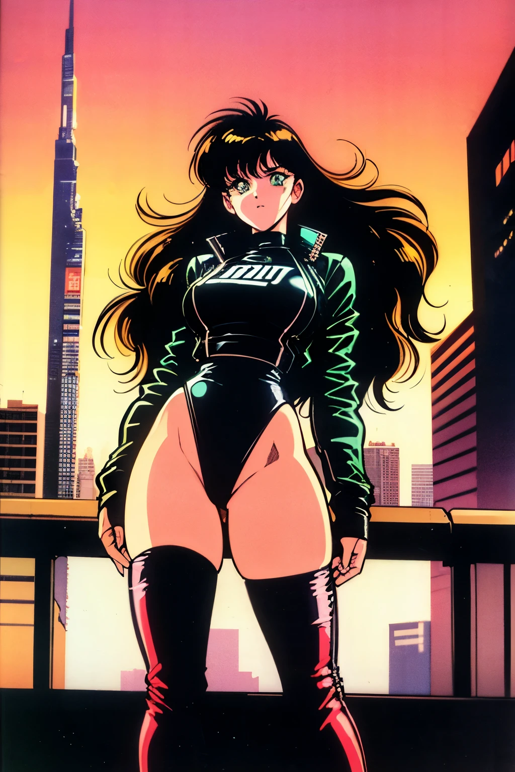1990s (style), 1980s (style), retro artstyle, a girl, long black hair, green eyes, wavy hair, biker clothes, cyberpunk, 2077, best quality, masterpiece.