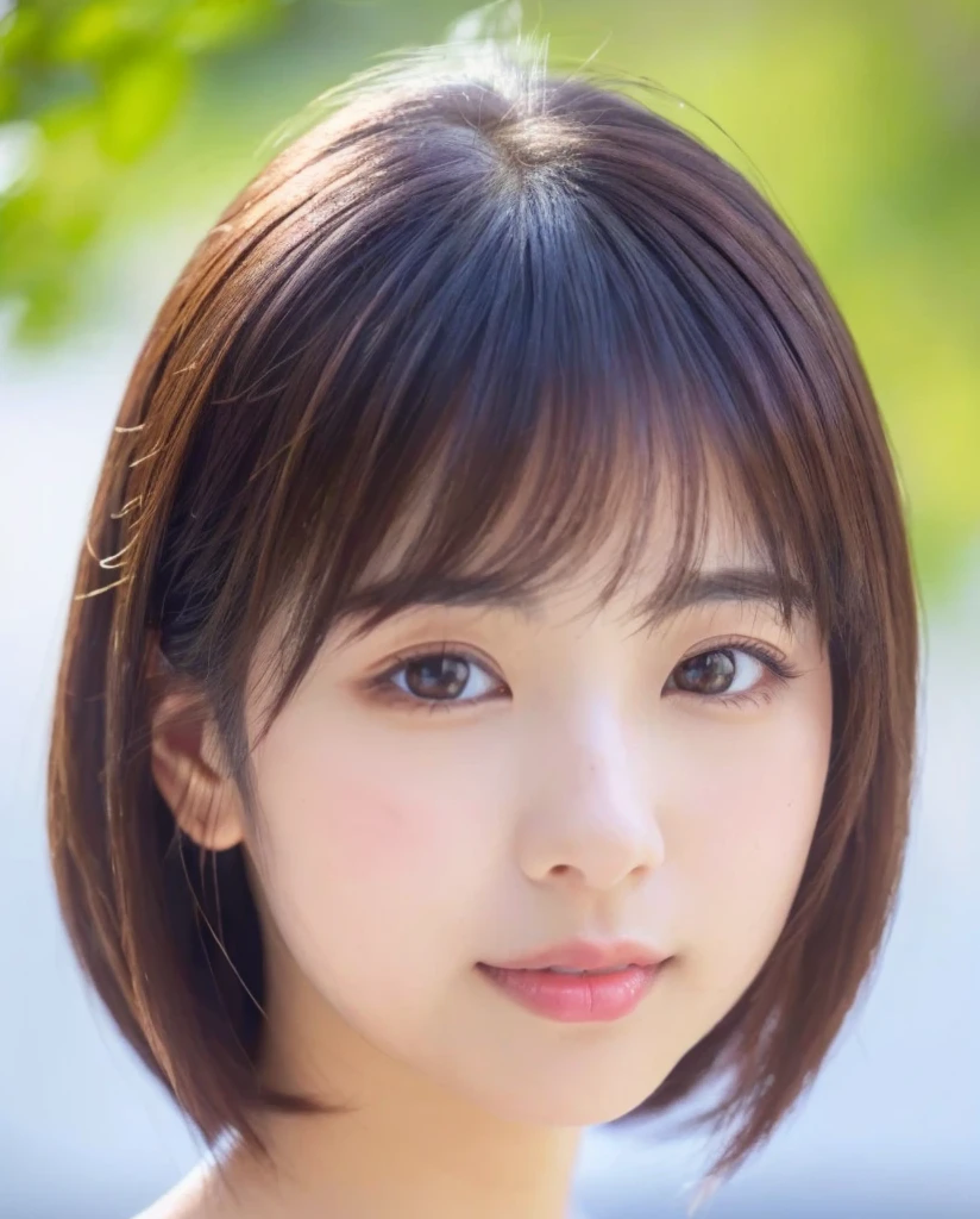((cute日本の女の子、beautiful japanese girl、1 girl、clear、19 years old、ponytail、Highly detailed face and skin texture、refinement、super detailed face、highly detailed eyes、Lee Hong、blush、cheek、ピンクのcheekを塗ったcheek、close-up of woman、 from the neck up、 Close to the camera、 positive face、Forward-facing body、look at the camera、front、cute、smooth white skin、Transparent skin texture、))、(dark brown hair、bangs)、beautiful woman with perfect style:1.4、japanese model、young gravure idol、若いcuteグラビアアイドル、Realistic young gravure idol、refinementされたグラビアアイドル、((highest quality、8K、masterpiece:1.3、1photograph))、(4K、RAWphotograph、highest quality)、(realistic、フォトrealistic:1.37)、Place someone on the other side of the screen、Natural light、