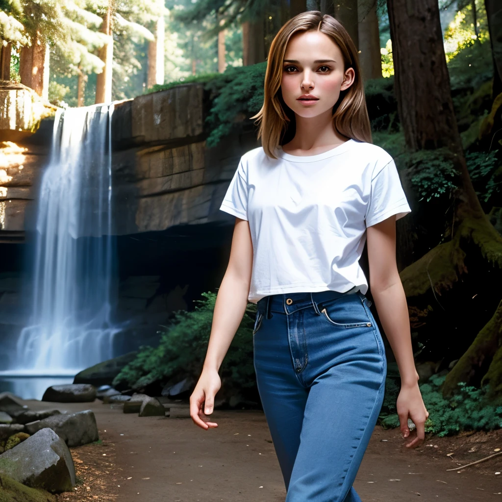 Natalie Portman aged 18, medium cowboy shot, (tall:0.8), (long hair:0.8), strolling, pine trees, deciduous trees, [path:1.5], (waterfall:0.9), (rocks:0.9), sunlight, plain white t-shirt, jeans, busty