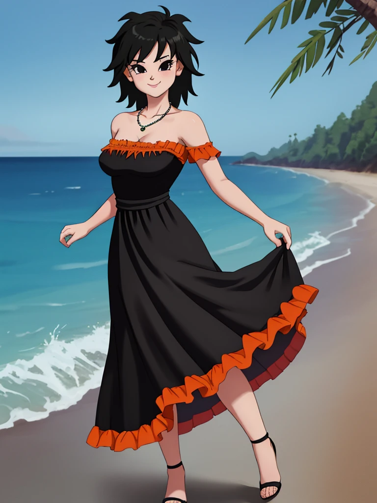 Gine as a flamenco dancer, masterpiece, best quality, ultra detailed, 8k, 4k, half body, cowboy shot, Gine, 1 girl, solo, smile, looking at viewer, full body, black hair, short hair, hand on hip, bare shoulder, bare arms, medium breast, necklace, seductive, strapless, a flamenco dress, orange ruffle off the shoulder lace, black maxi dress, beach, ocean, sunny day.