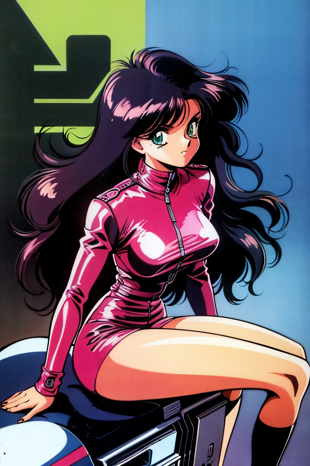 1990s (style), 1980s (style), retro artstyle, a girl, long black hair, green eyes, wavy hair, biker clothes,  cyberpunk, 2077, best quality, masterpiece.