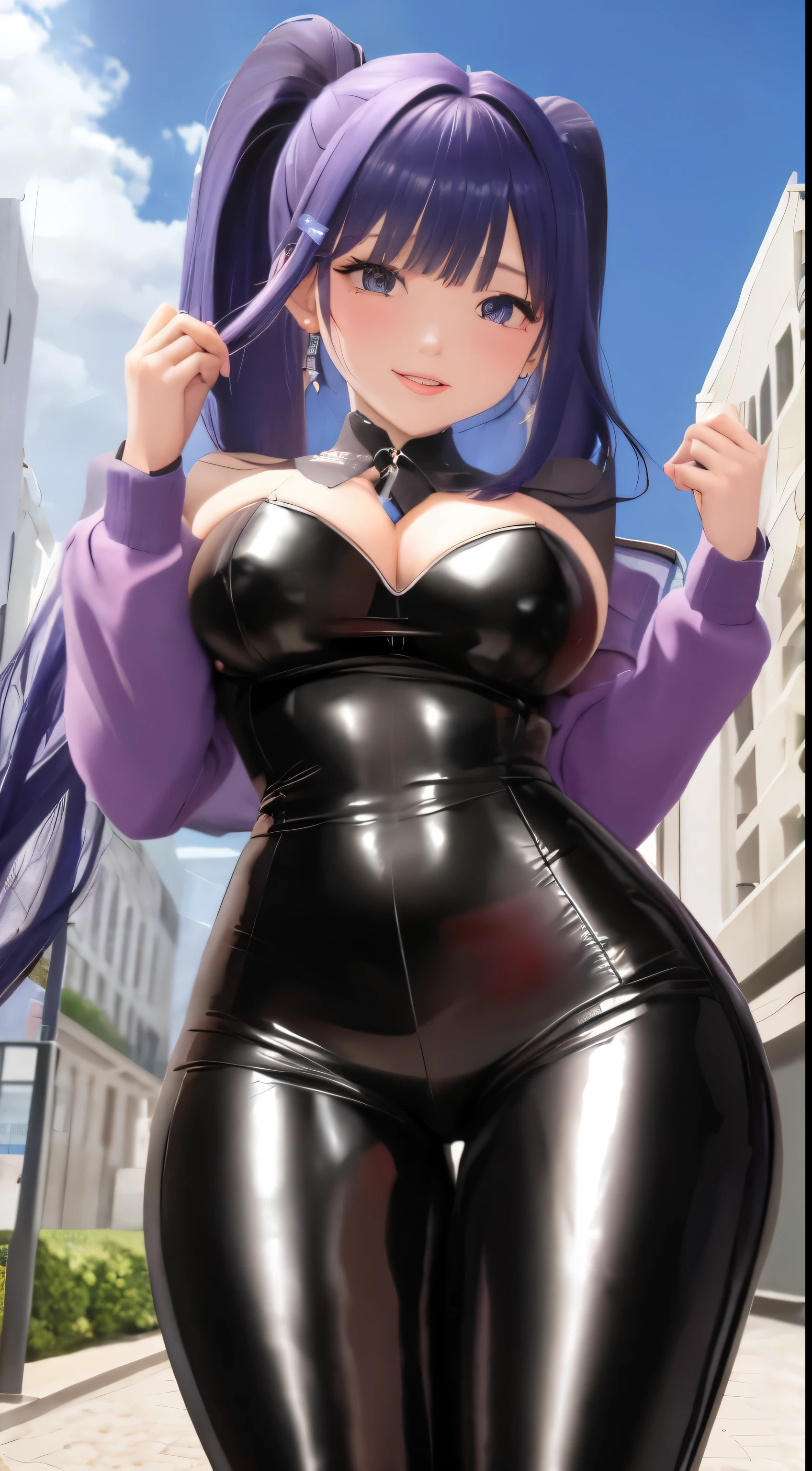 bonita chinesa,standing on her feet,Incline-se para a frente com o peito firmemente contra as pernas,unparalleled beauty,Shiny rubber pants,oversized buttocks,round buttockeautiful buttocks,upturned buttocks,Single hairstyle ponytail,cabelos pretos,pernas delgadas,salto alto,Gentle and shy face,laughing from the heart,耳Nipple Ring,colar,Correnteehind the perspective, shows off her big ass