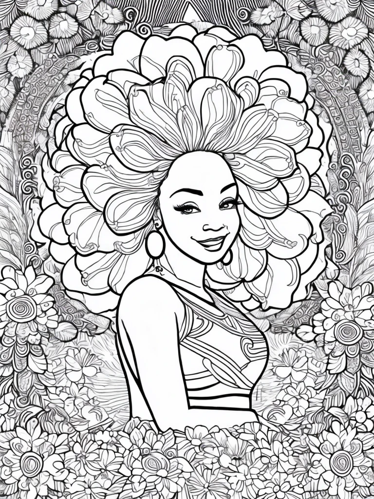 a simple black and white line drawing of a happy, curvy african woman, sitting amidst a variations of flowers, big curly hair, large hoop earrings, sleeveless top. Adult coloring book page