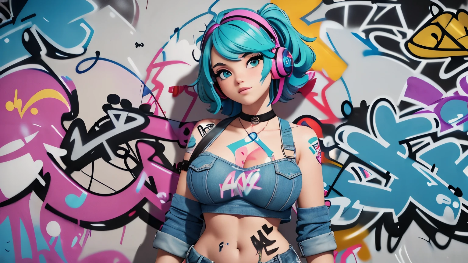(official art),masterpiece, best quality, voluptuous 1girl, solo, crop top, denim shorts, choker, (graffiti:1.5), paint splatter, arms behind back, against wall, looking at viewer, armband, thigh strap, paint on body, head tilt, bored, multicolored hair, aqua eyes, headset, HDR, 3D, 4K